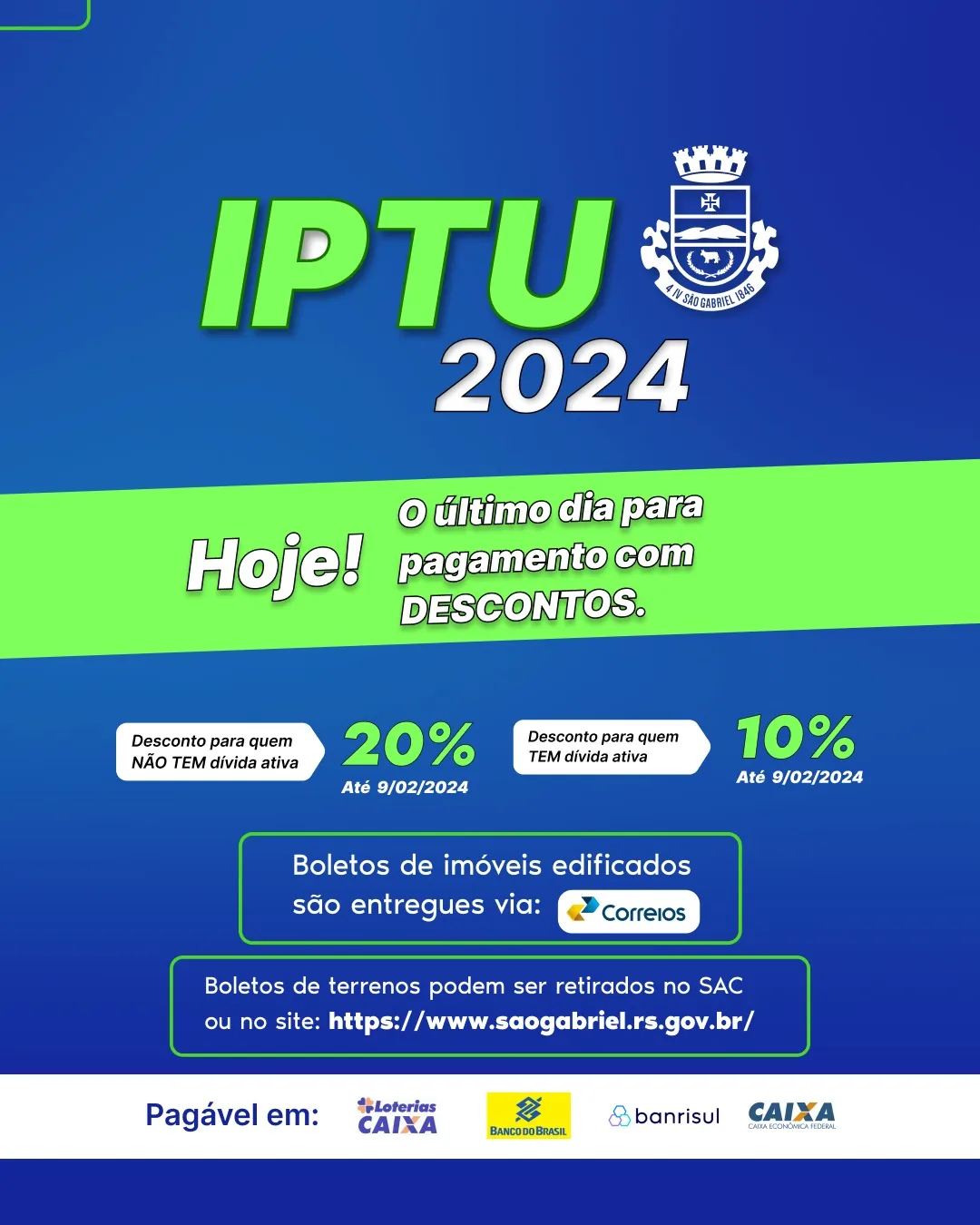 HOJE É ÚLTIMO DIA PARA PAGAR IPTU COM DESCONTO